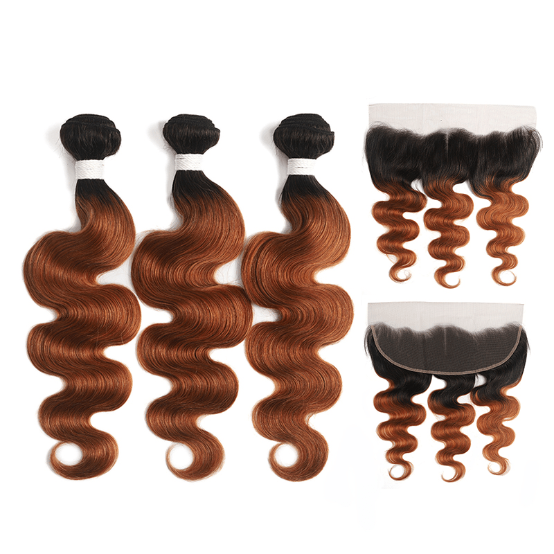 Black Roots Medium Auburn Body Wave 3 Bundles With 13x4 Lace Frontal 100% Human Hair - Perismoda Hair